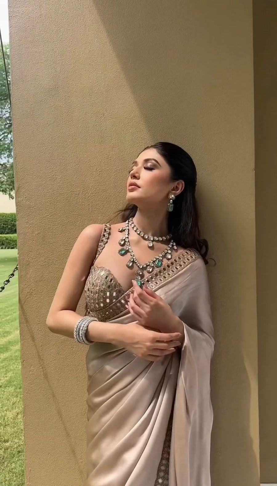 Champagne Beige Satin Silk Saree with Real Mirror Blouse for Women | satin silk saree for women