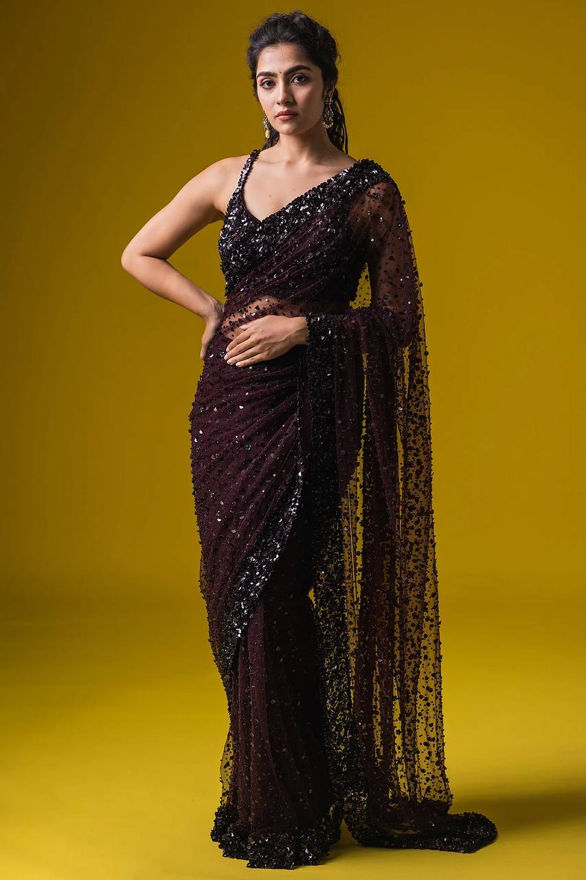 Dark Brown Sequin Net Saree with Blouse | Cocktail & Reception Wear