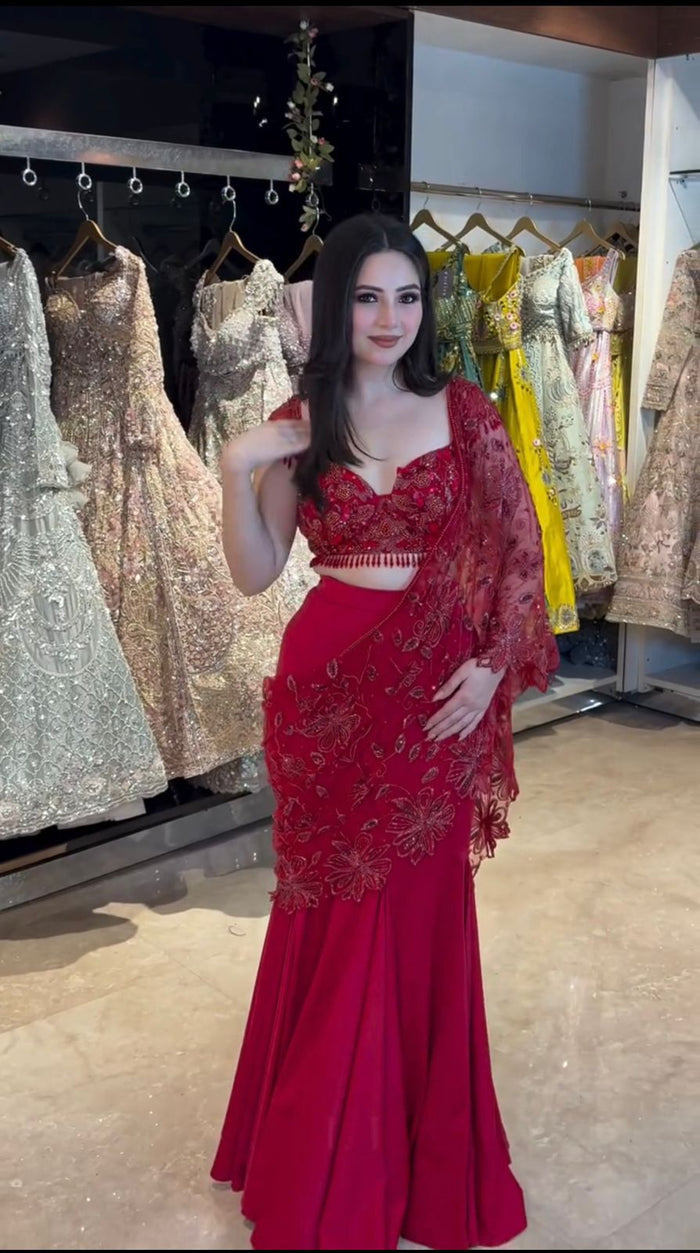 Wedding Wear Red Ready-to-Wear Mermaid Lehenga Saree with Blouse for Women