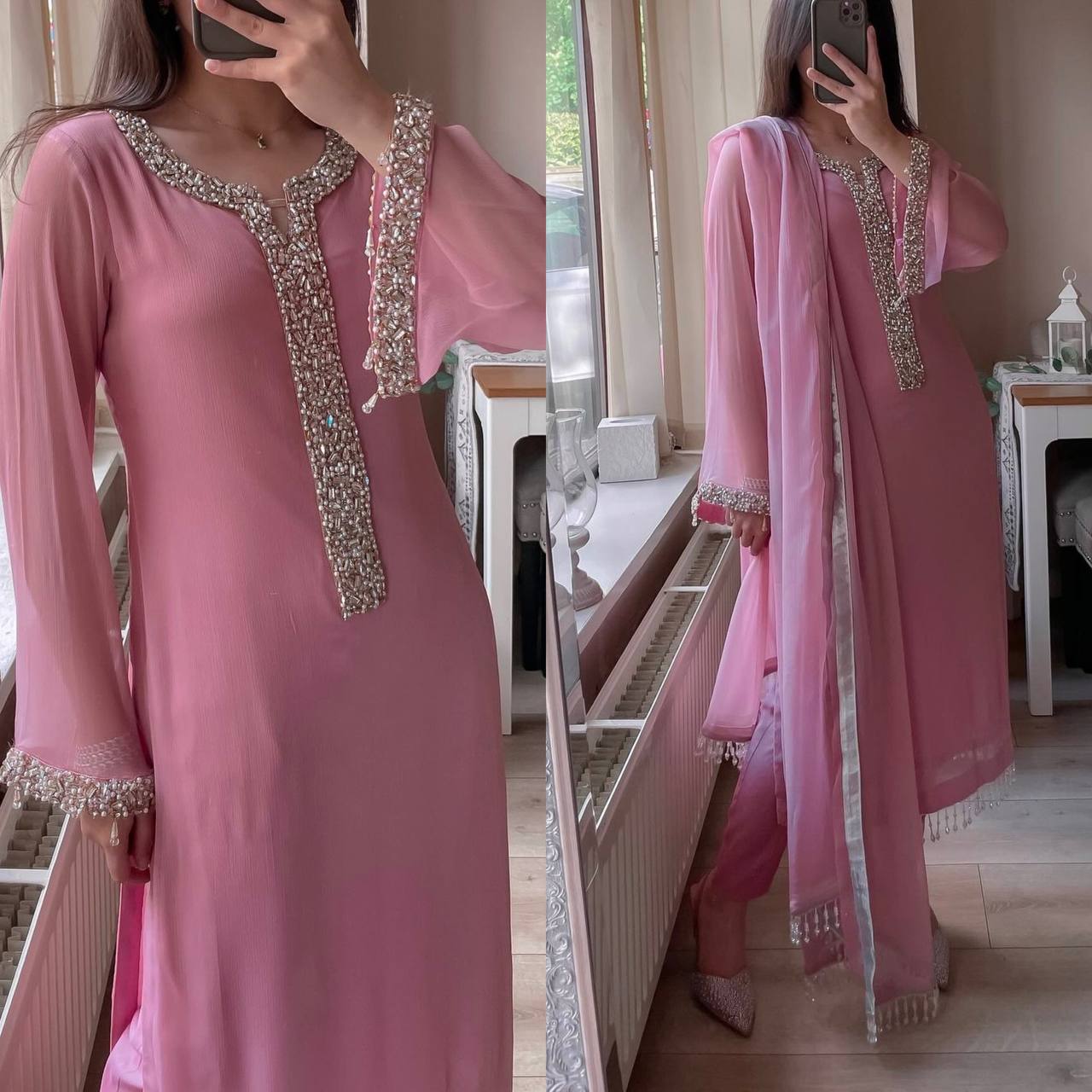 Designer Moti Handwork Georgette Pakistani Suit Set with Pant & Dupatta for Women