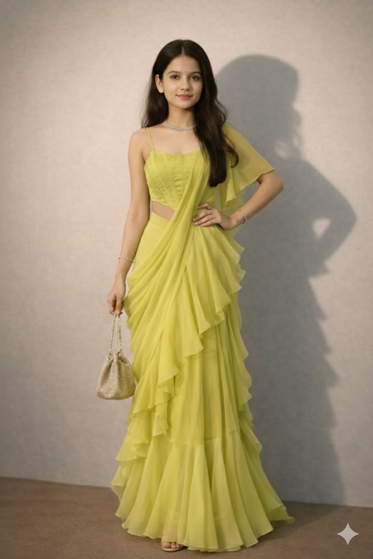 Party-Wear Lime Green  Ready-to-Wear Ruffle Saree For Women