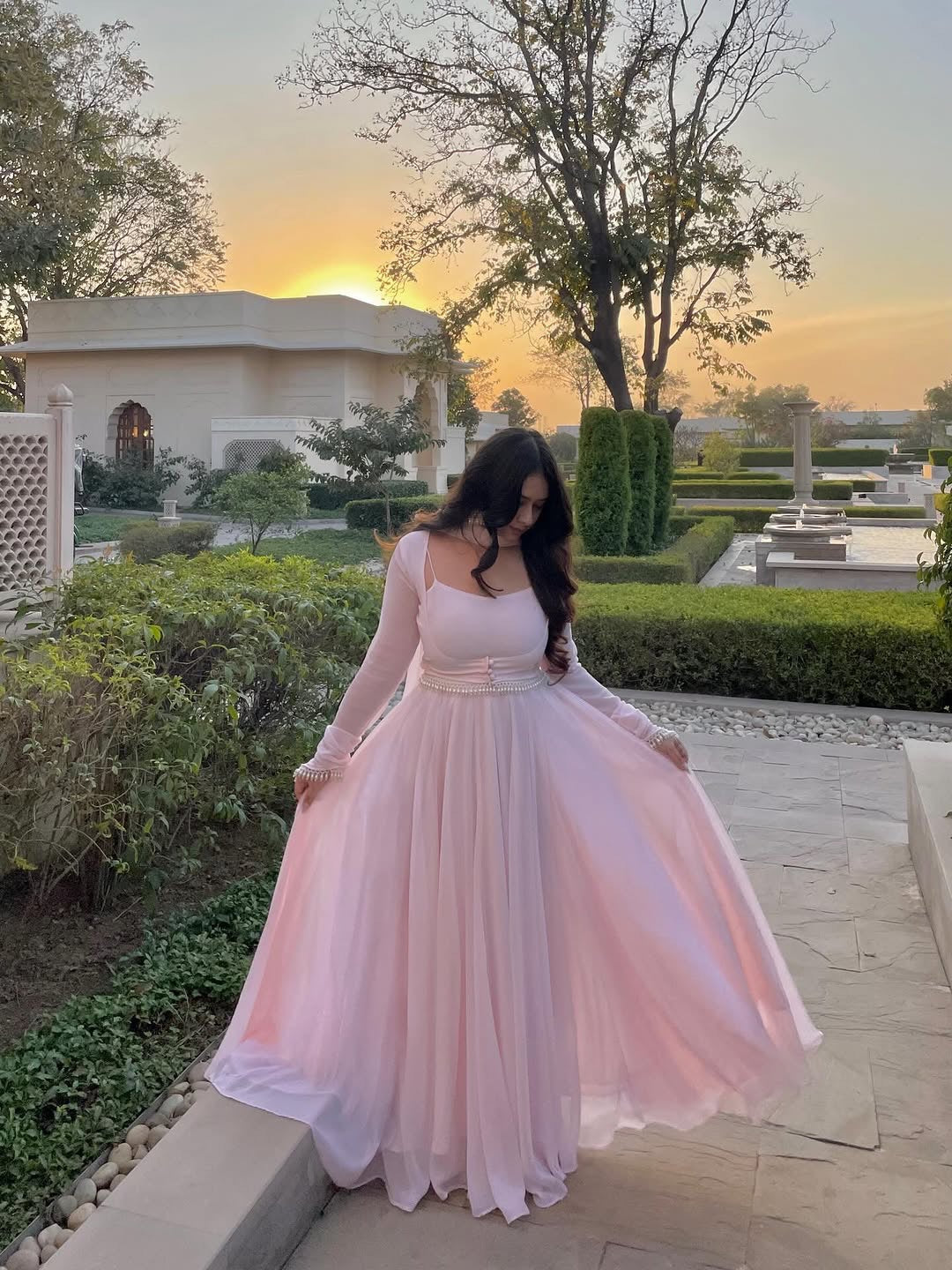 Party Wear Blush Pink Georgette Jacket Style Anarkali Gown Set with Dupatta For Women