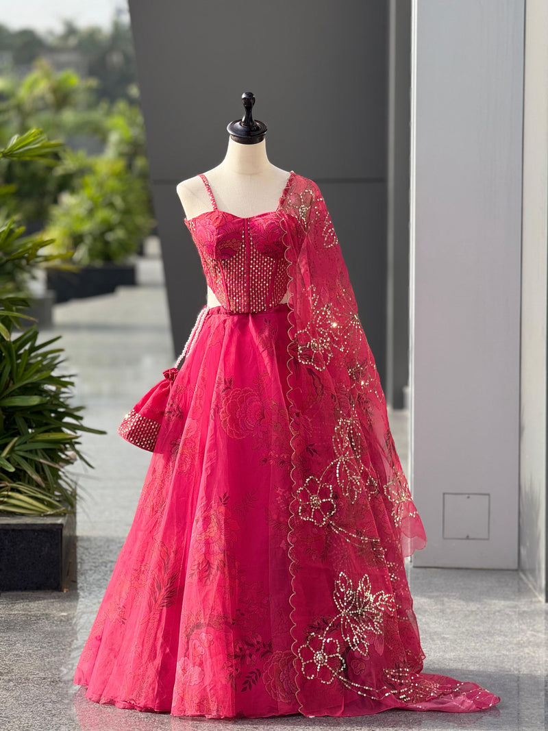 Rani Pink Floral Organza Fully Stitched Corset Lehenga Choli with Dupatta | Perfect for Farewell, Sangeet & Festive Occasions