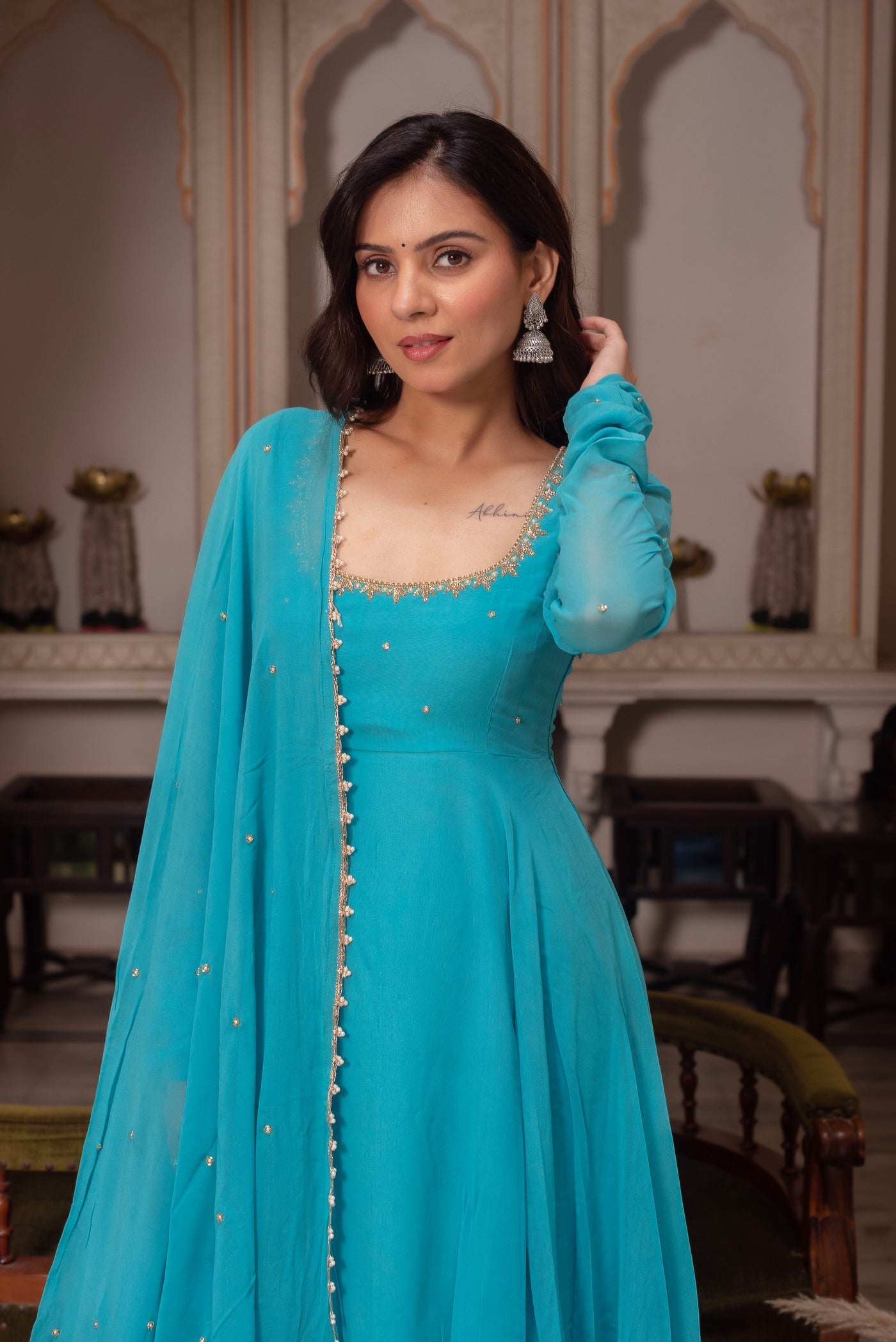 Party Wear Teal Blue Georgette Anarkali Suit for Women