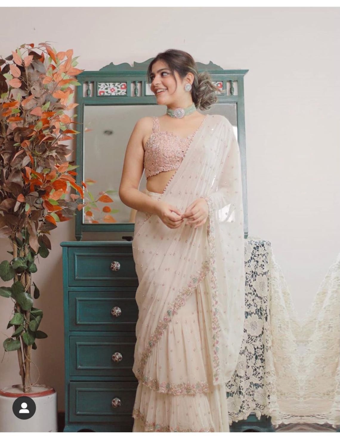 Off-White Wedding Wear Real Mirror Work Ruffle Saree with Blouse for Women | farewell saree for girls