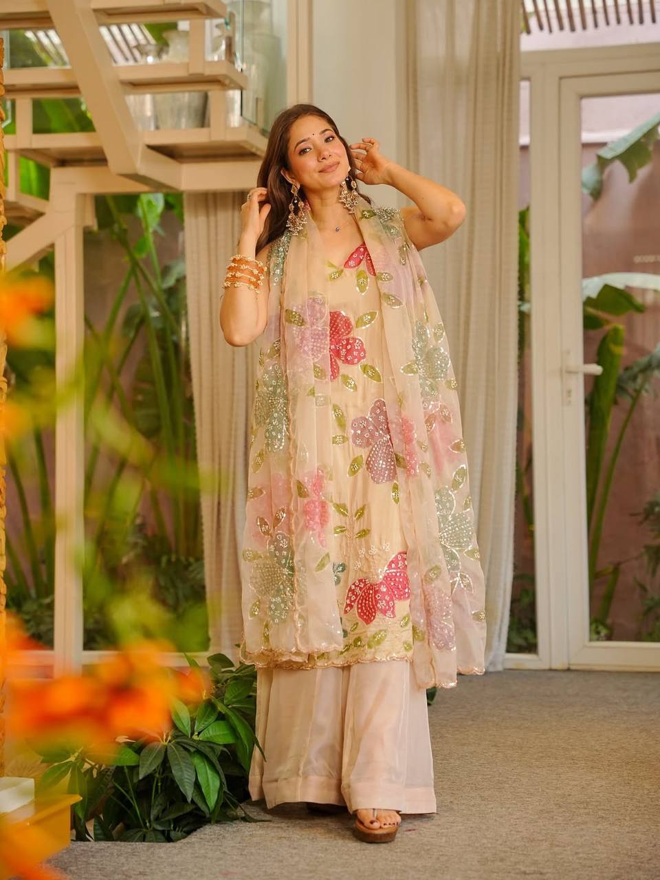 Champagne Beige Floral Sequin Organza Silk Palazzo Suit Set with Dupatta for Women