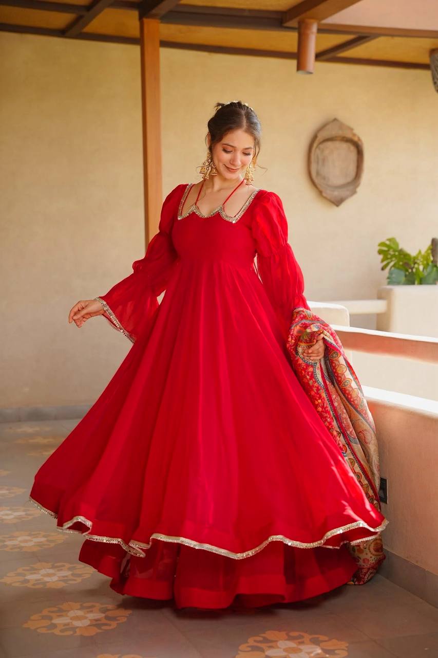 Scarlet Red Tabby Silk 3-Piece Anarkali Suit Set with Printed Dupatta