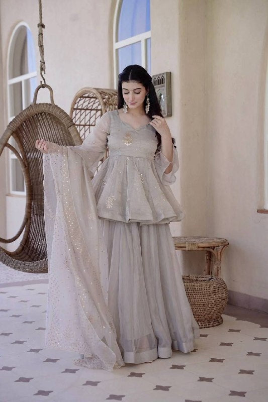 Party Wear Silver Grey Foil Work Peplum Palazzo Suit Set with Dupatta