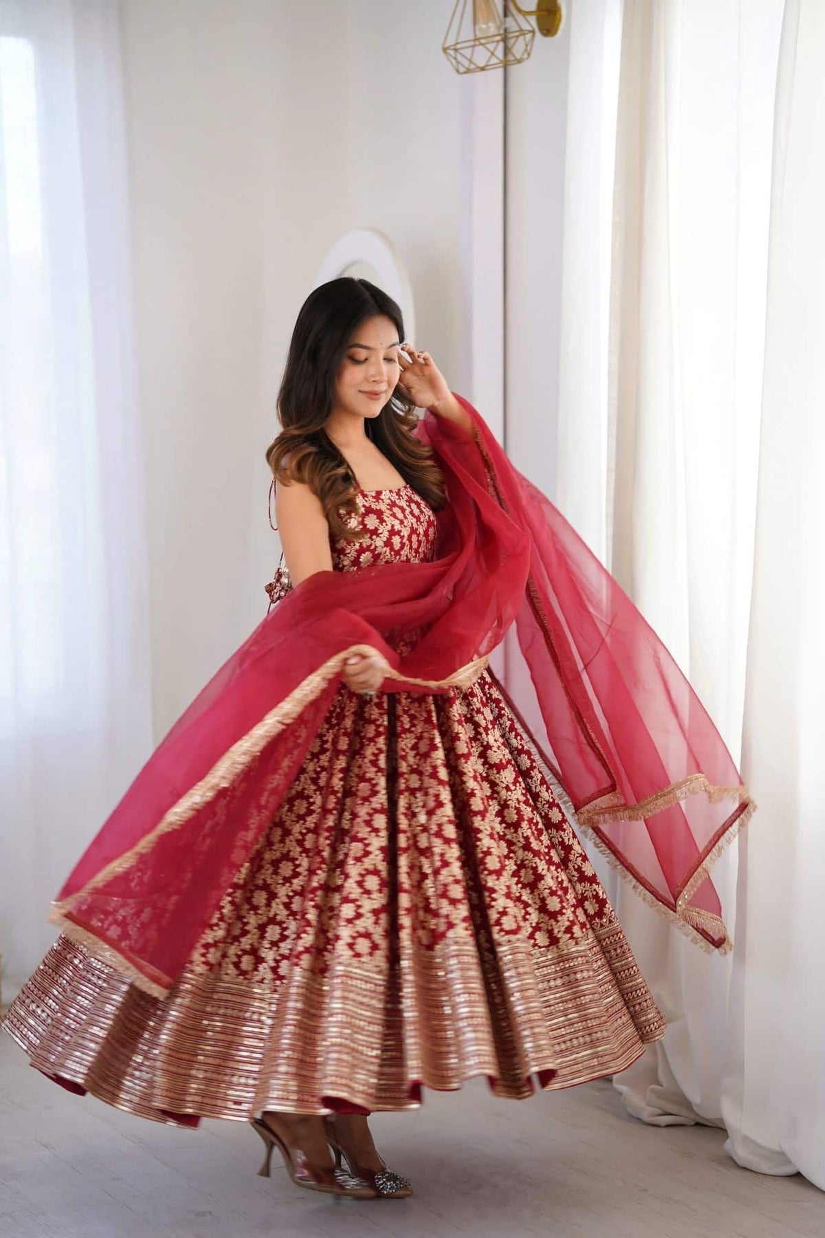Maroon Gold Brocade Silk Anarkali Suit Set with Organza Dupatta for Women