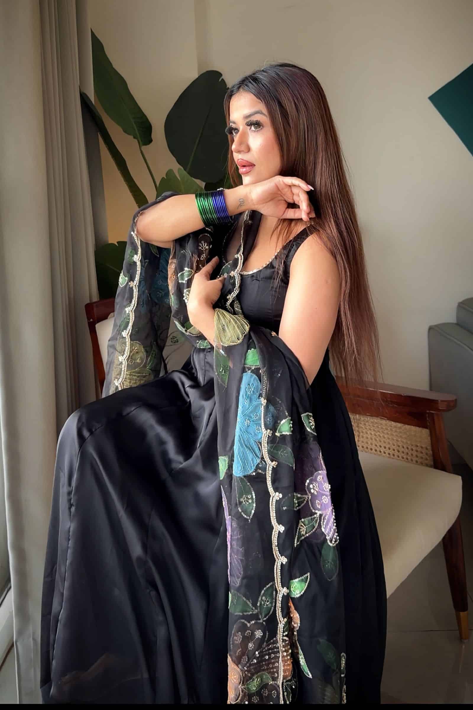 festive Wear Black Georgette Anarkali Suit Set with Floral Dupatta