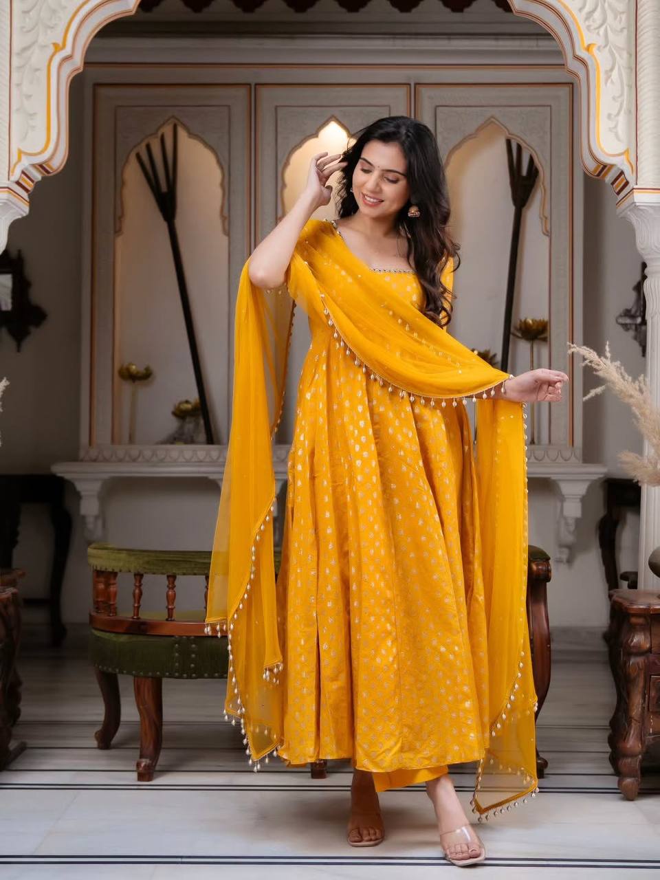 Festive Yellow Mirror Work Anarkali Suit Set for Women