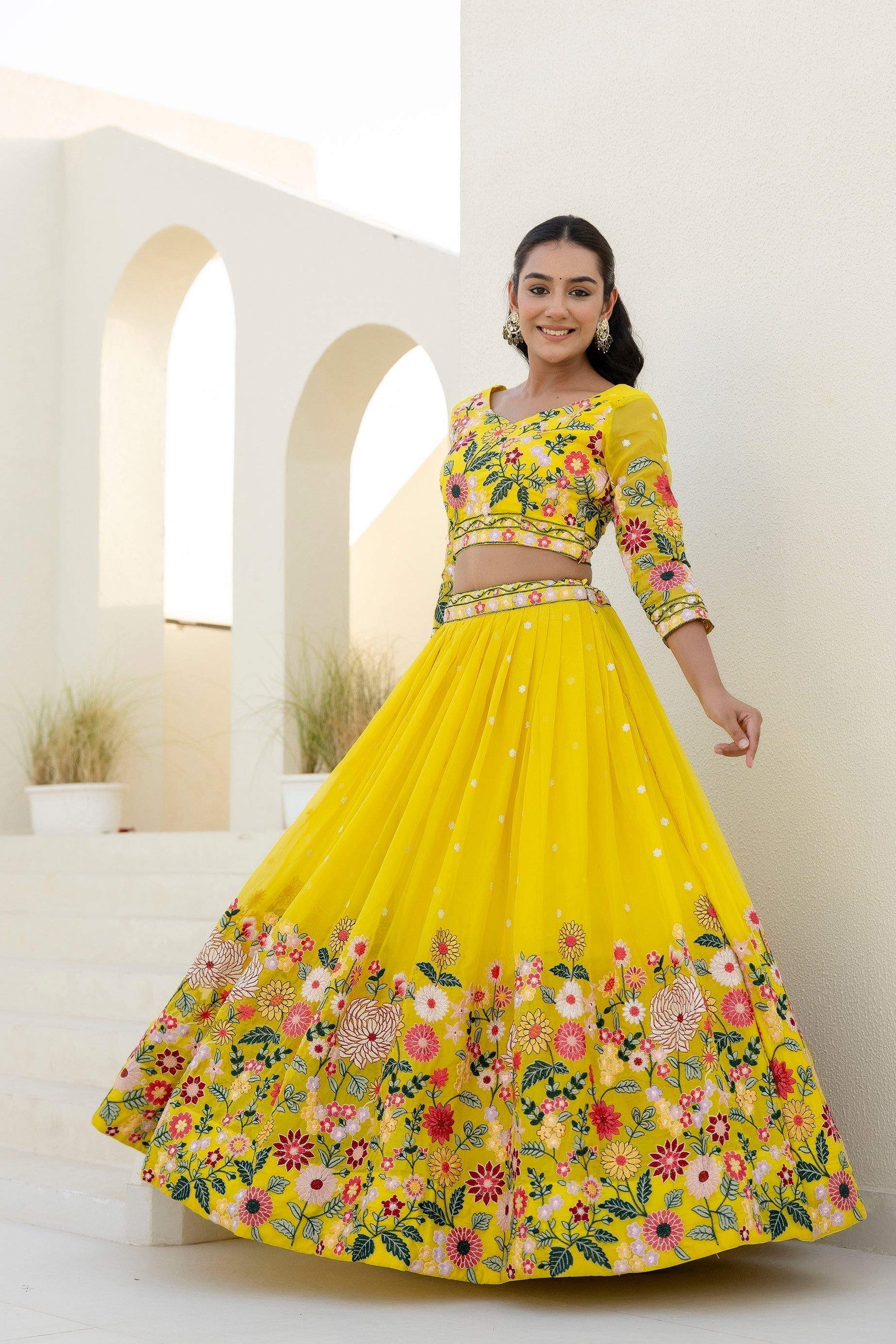 Yellow Floral Sequins Thread Embroidered Lehenga Choli