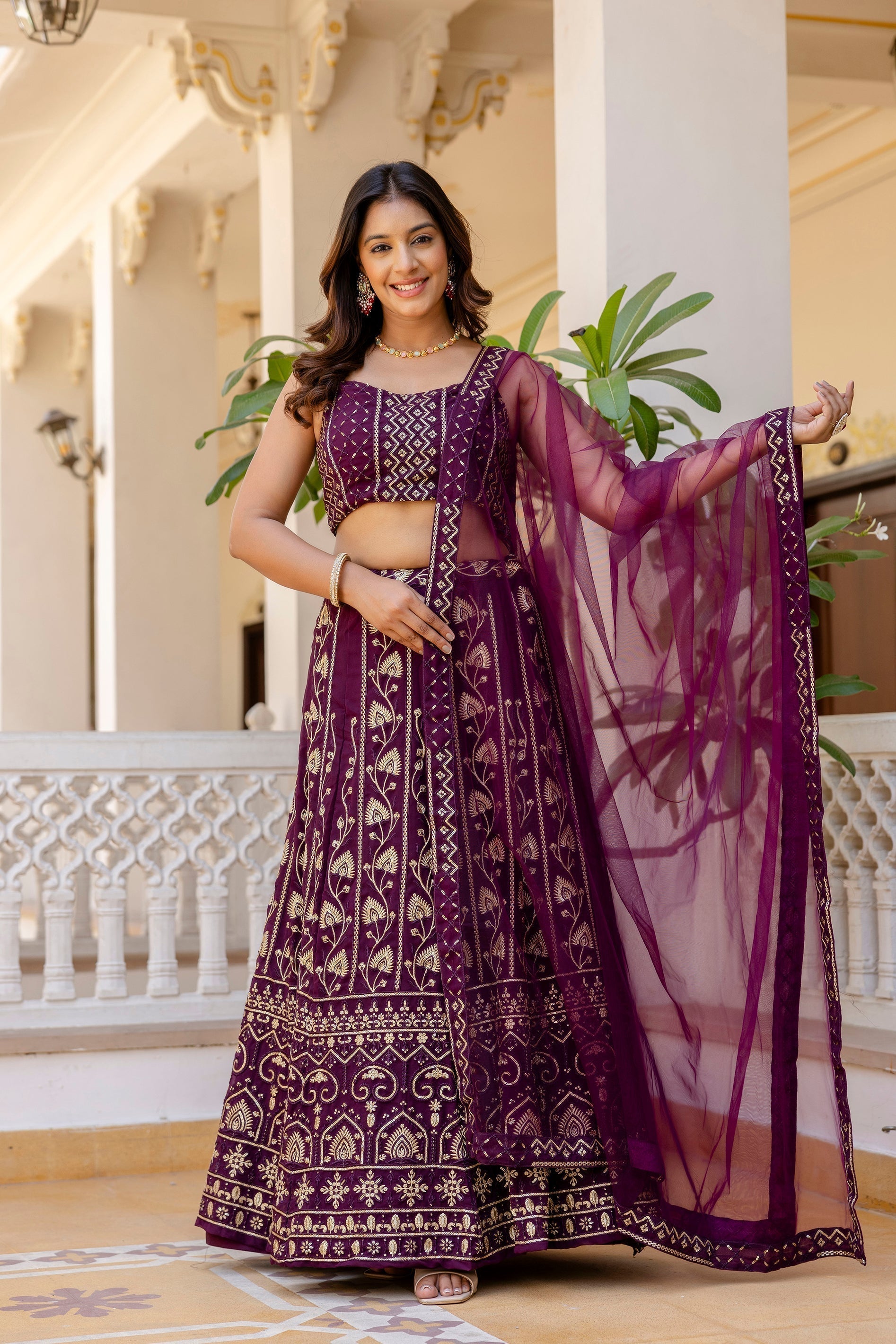Wine Georgette Sequins Embroidered Lehenga Choli Set
