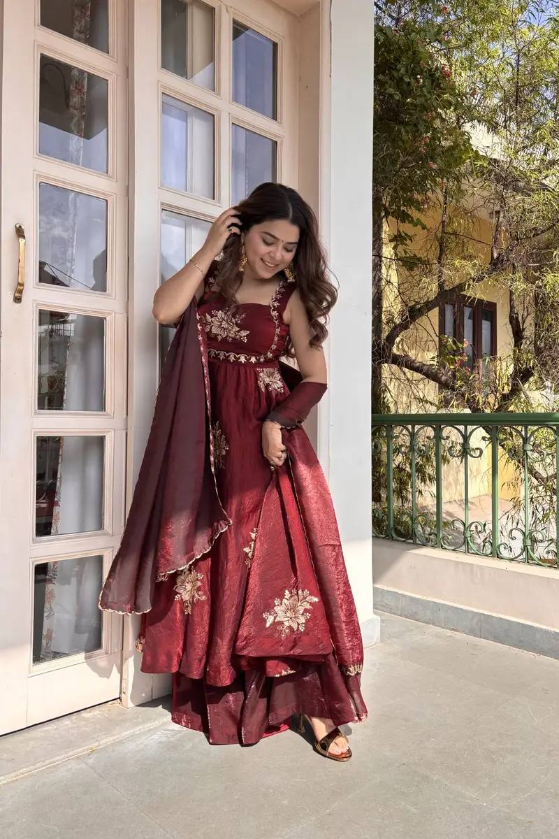 Wine Maroon Fendy Silk Anarkali Palazzo Suit Set with Dupatta for Women