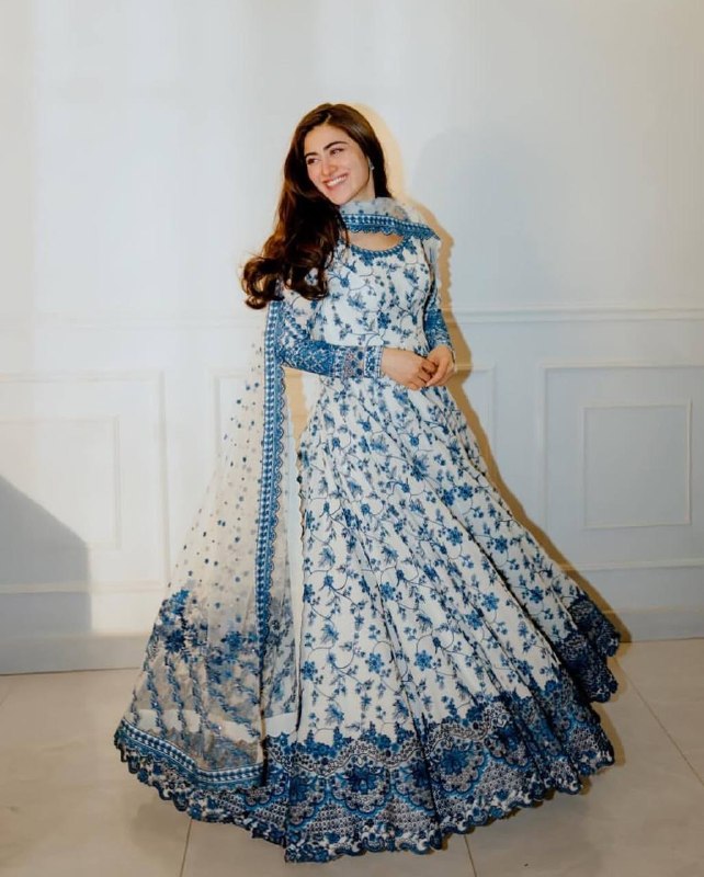 Ivory Blue Floral Embroidered Anarkali Suit Set with Pant and Dupatta for Women
