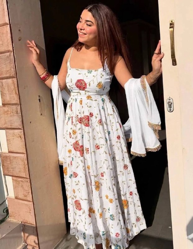 Festive Wear Ivory Floral Embroidered Vichitra Silk Anarkali Suit Set with Dupatta