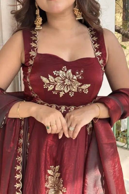 Wine Maroon Fendy Silk Anarkali Palazzo Suit Set with Dupatta for Women