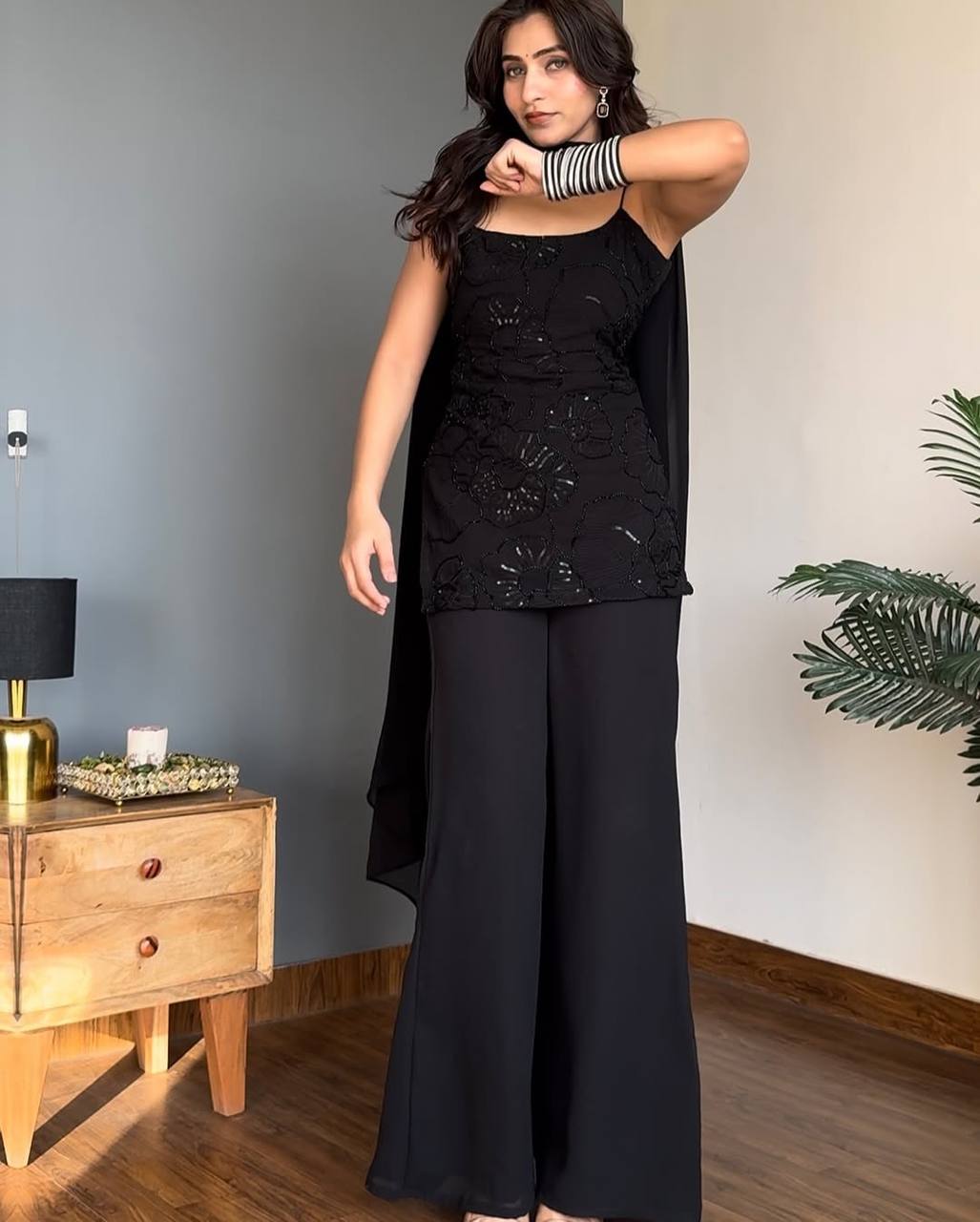 Black Sequin Palazzo Suit with Dupatta for Women