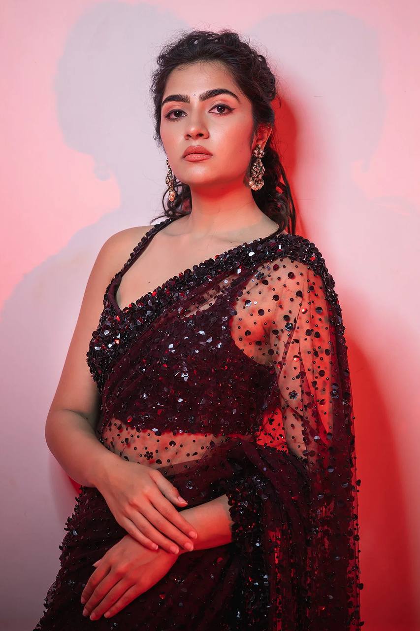 Dark Brown Sequin Net Saree with Blouse | Cocktail & Reception Wear