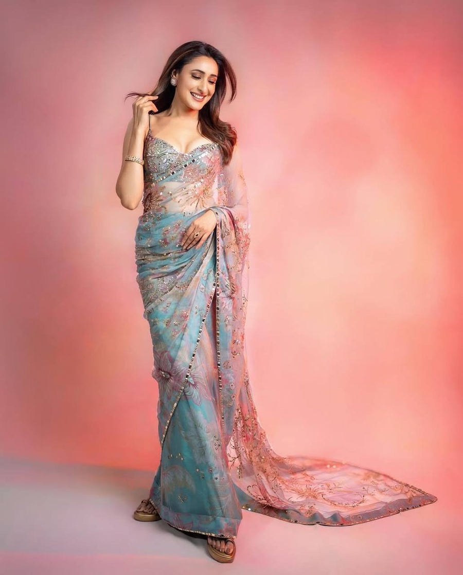 Sky Blue Floral Mirror Work Saree with Unstitched Blouse for Women | Party Wear Saree For Women