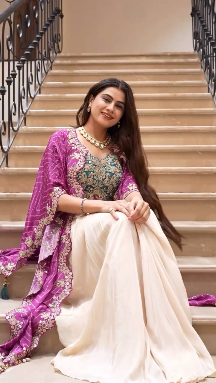 Indo-Western Dhoti Skirt Set for Women | Party Wear Embroidered Crop Top & Cape