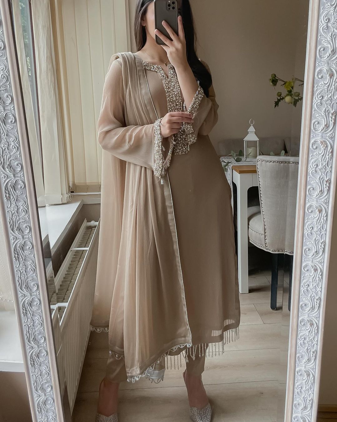 Designer Moti Handwork Georgette Pakistani Suit Set with Pant & Dupatta for Women