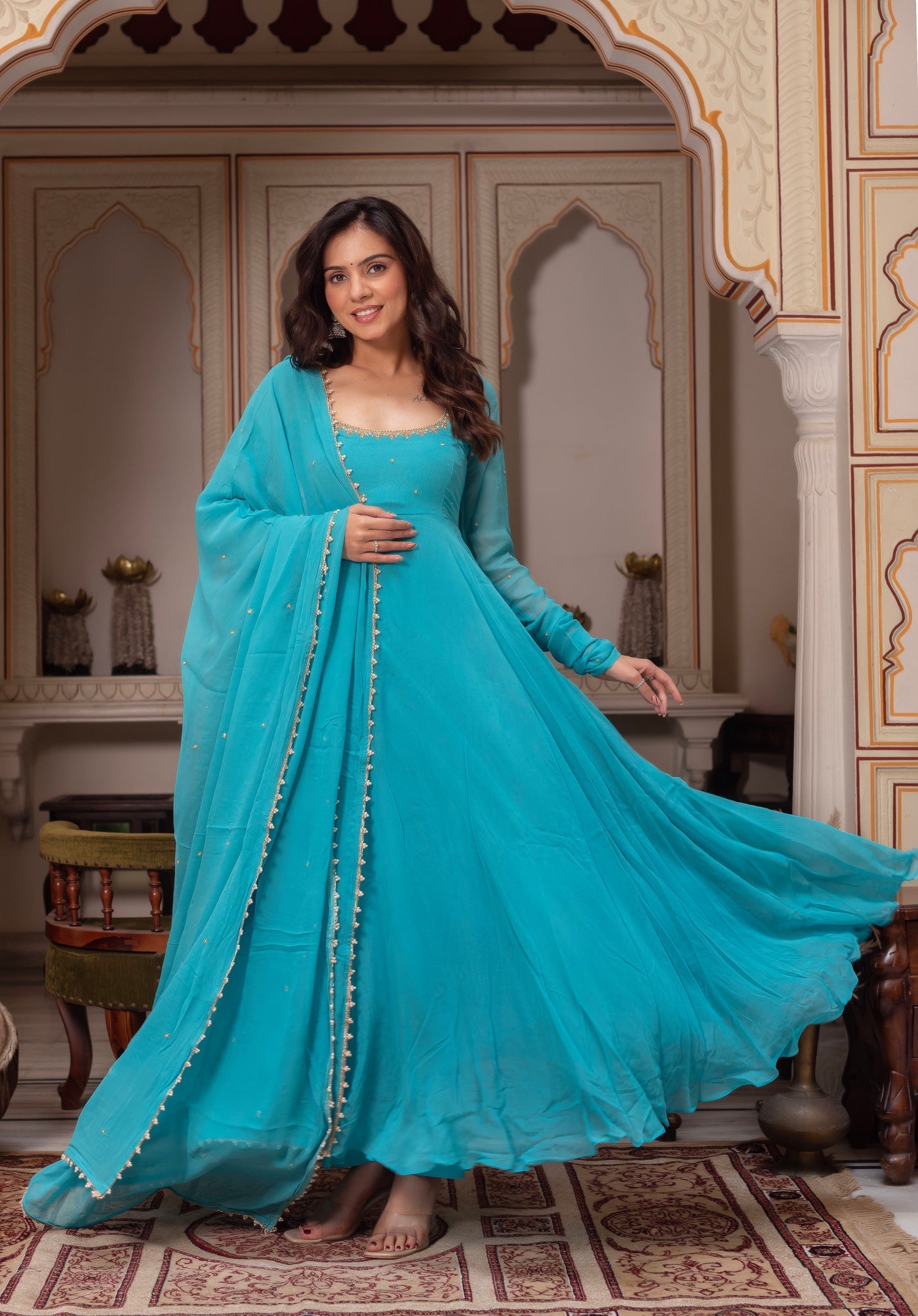 Party Wear Teal Blue Georgette Anarkali Suit for Women