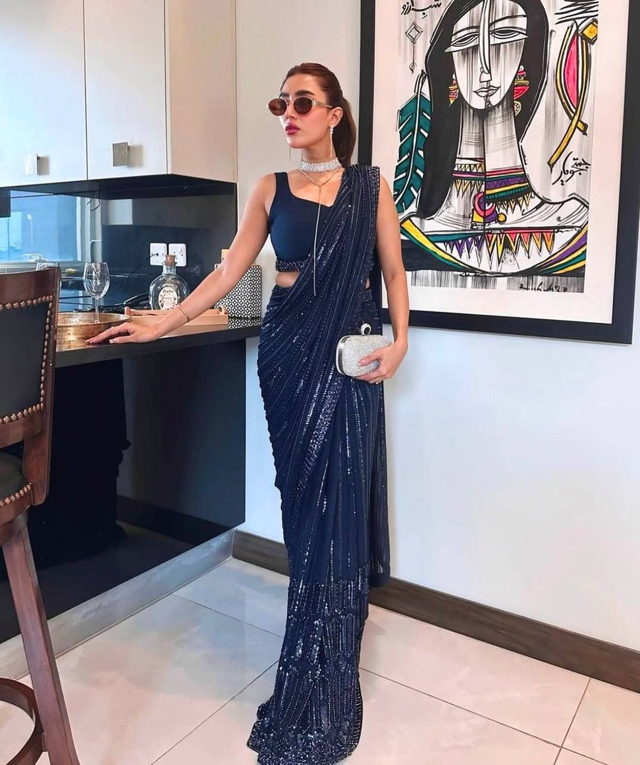 Navy Blue Sequin Embroidered Georgette Saree with Blouse | Cocktail & Reception Wear