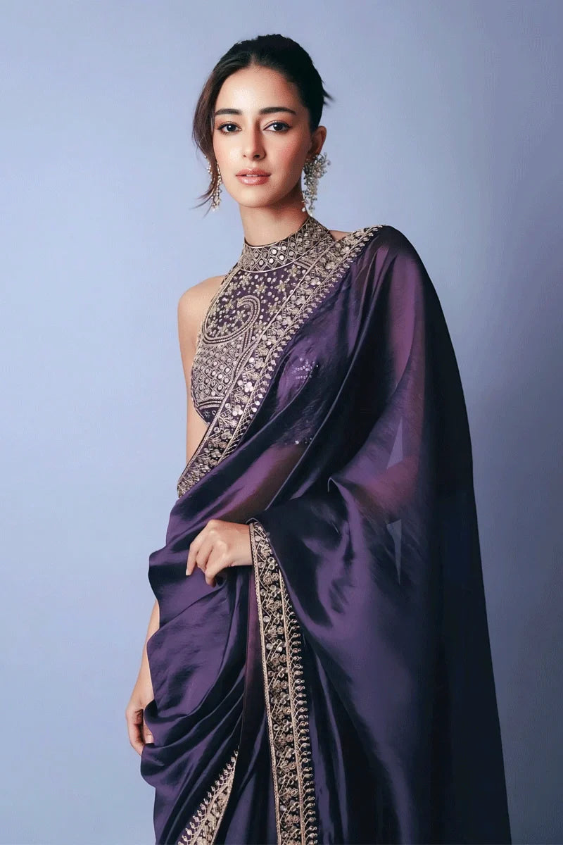Royal Purple Sequin Embroidered Saree for Women | Wedding Party Wear