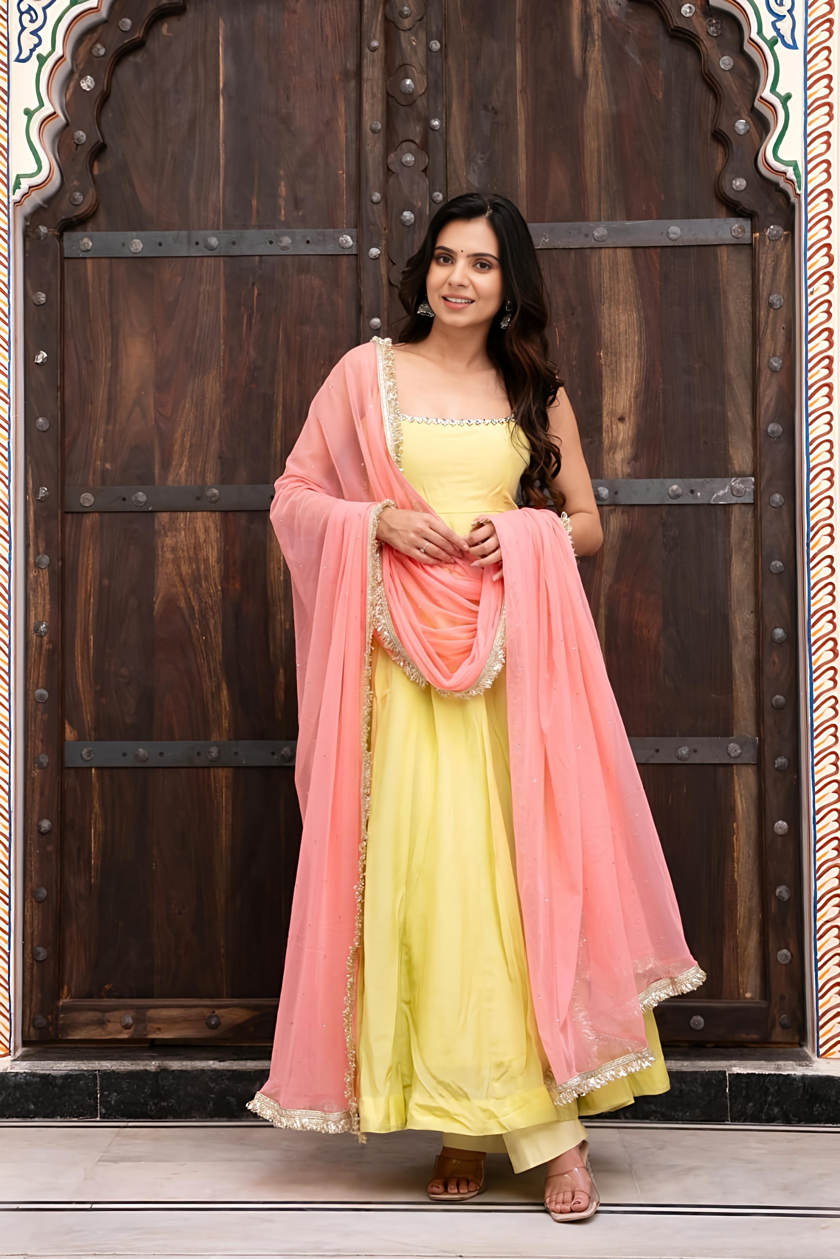 Lemon Yellow Anarkali Gown Suit with Pink Dupatta Set