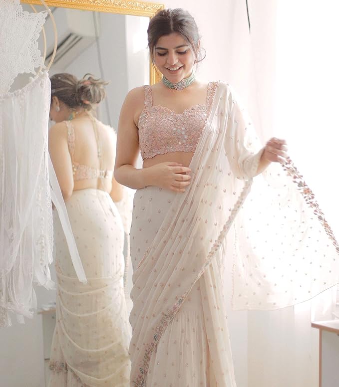 Off-White Wedding Wear Real Mirror Work Ruffle Saree with Blouse for Women | farewell saree for girls