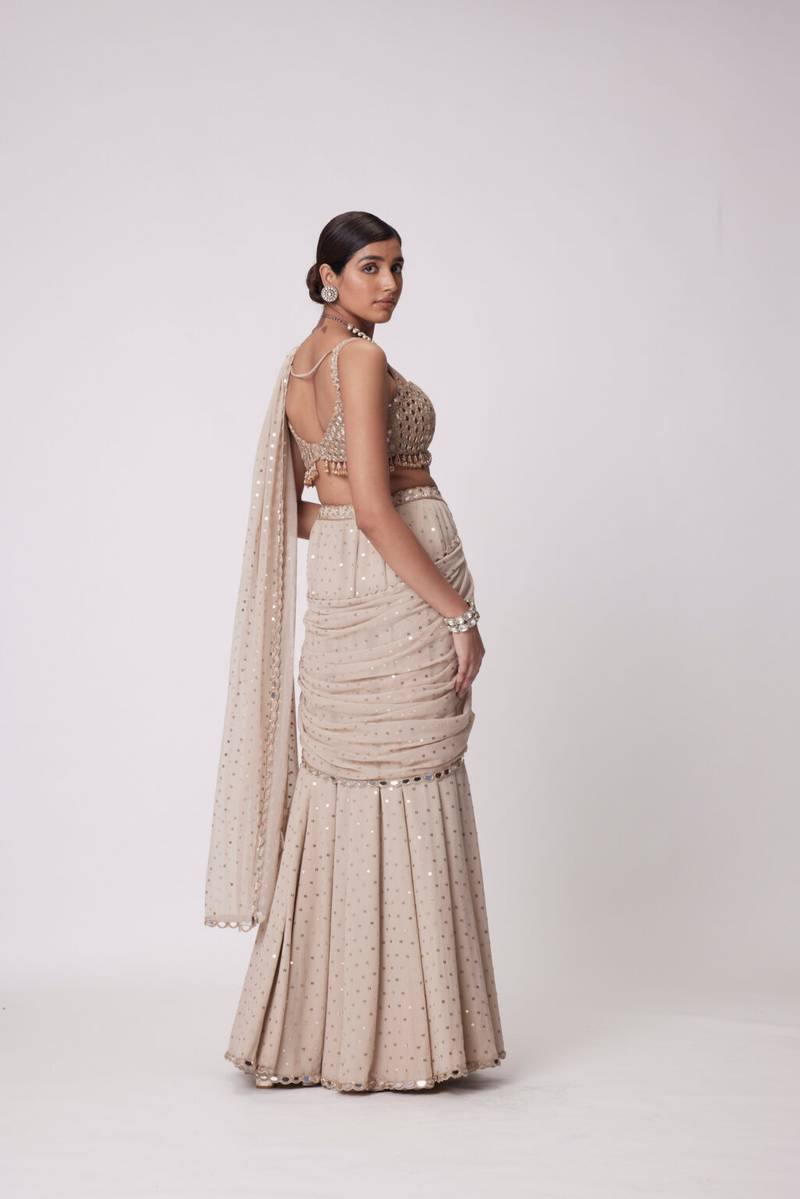 Champagne Beige Mirror Work Ready-to-Wear Lehenga Saree for Women