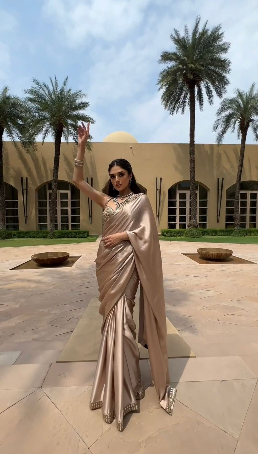 Champagne Beige Satin Silk Saree with Real Mirror Blouse for Women | satin silk saree for women