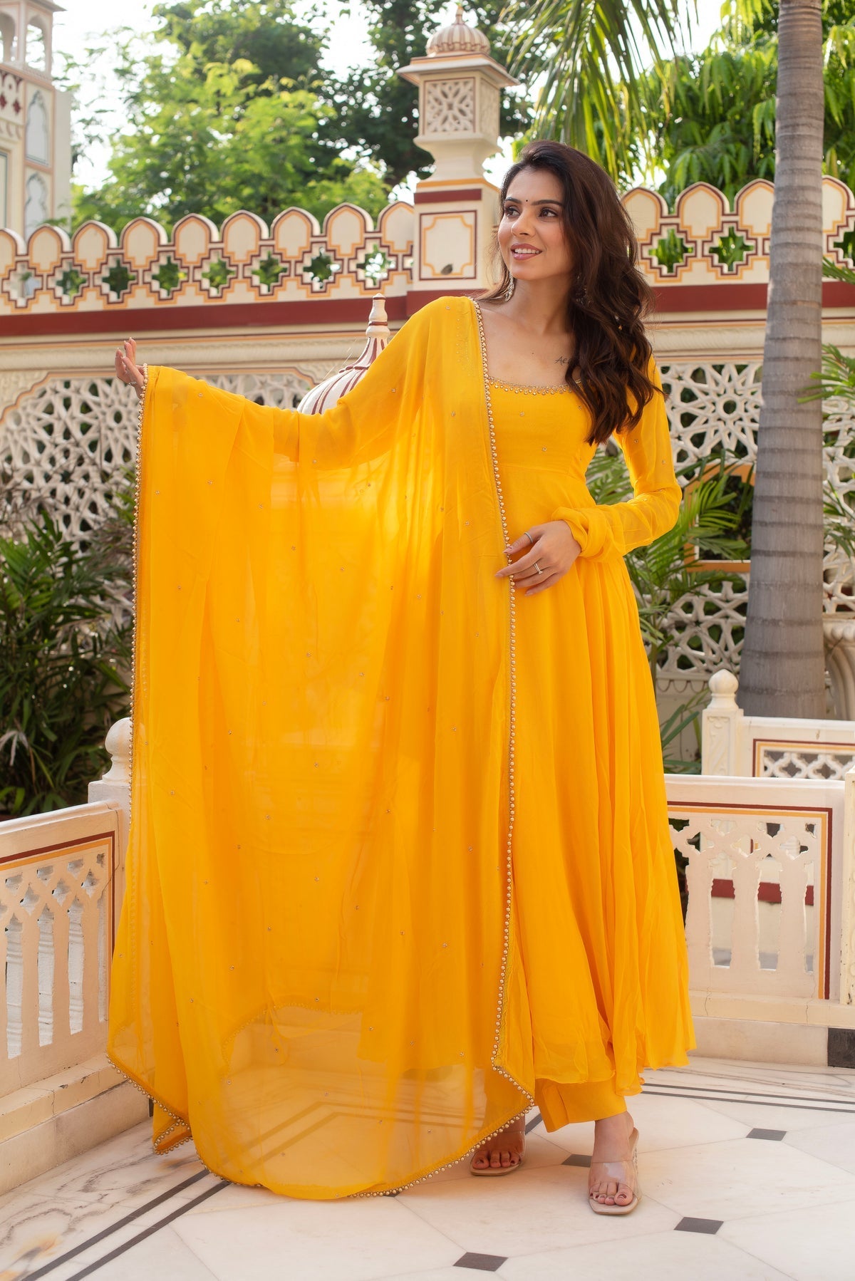 Festive Wear Marigold Yellow Georgette Anarkali Suit Set with Dupatta for Women