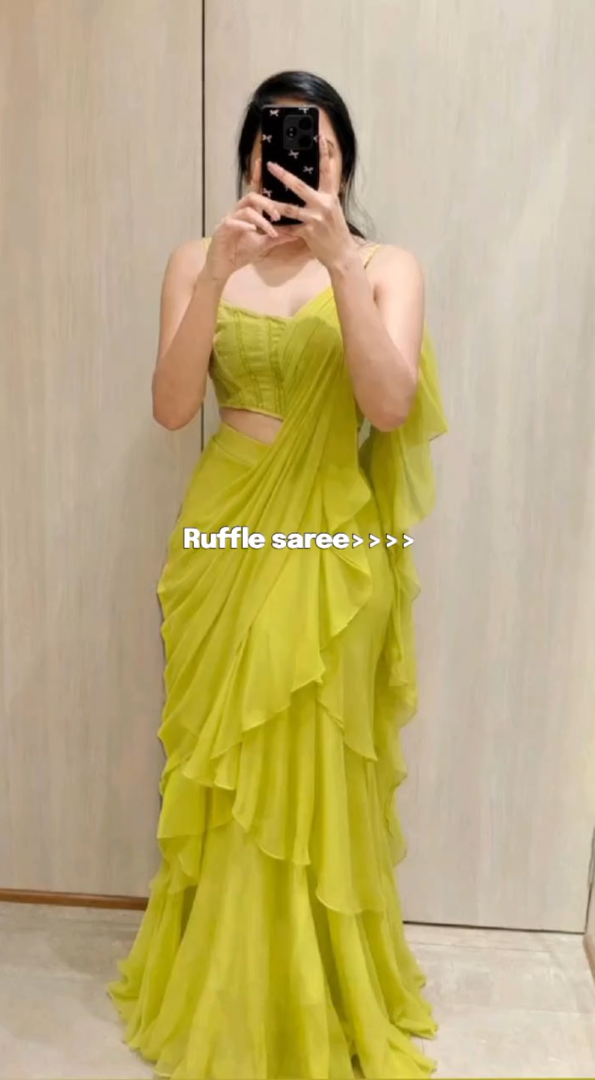 Party-Wear Lime Green  Ready-to-Wear Ruffle Saree For Women