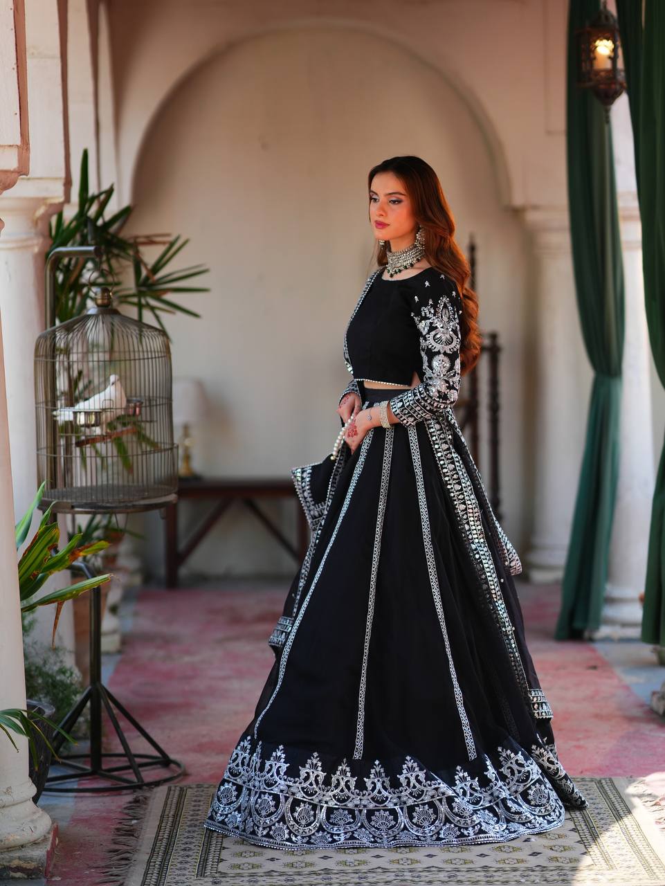 Luxury Black Velvet Embroidered Lehenga Choli Set