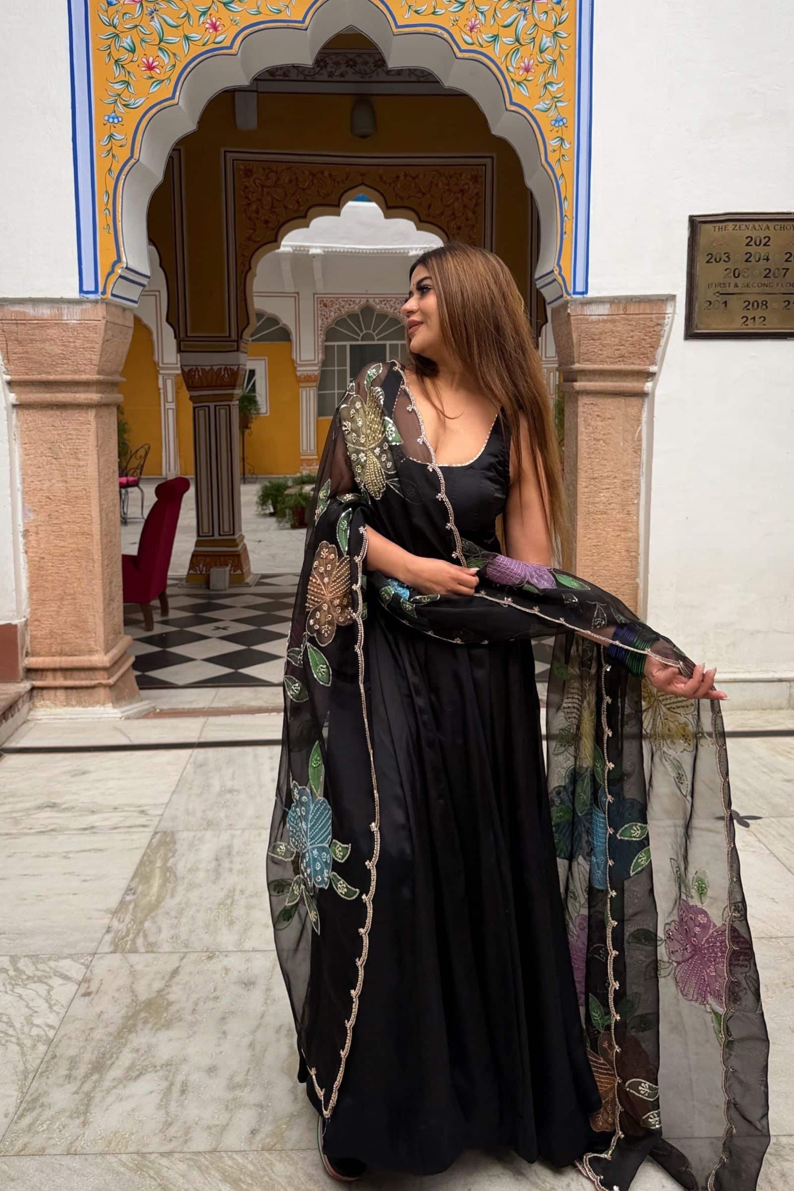 festive Wear Black Georgette Anarkali Suit Set with Floral Dupatta