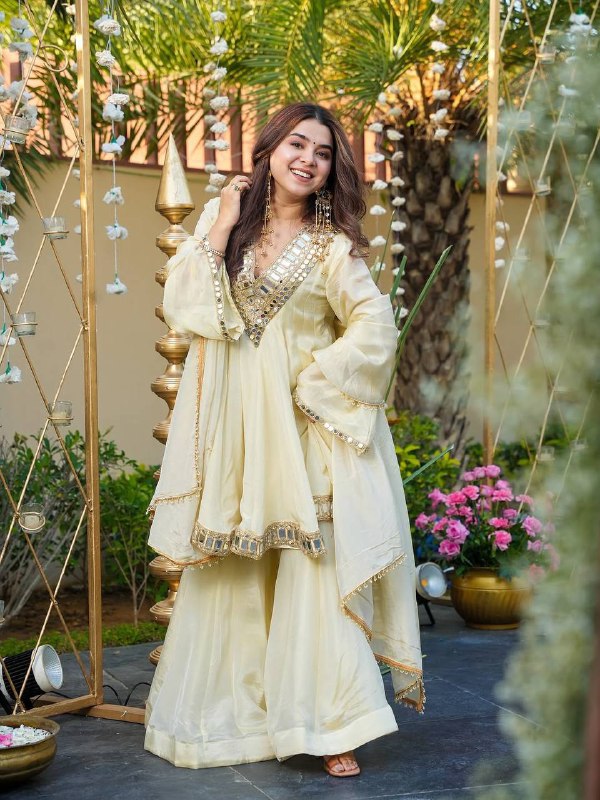 Premium Cream Cosmos Fabric Mirror Work Anarkali Palazzo Set