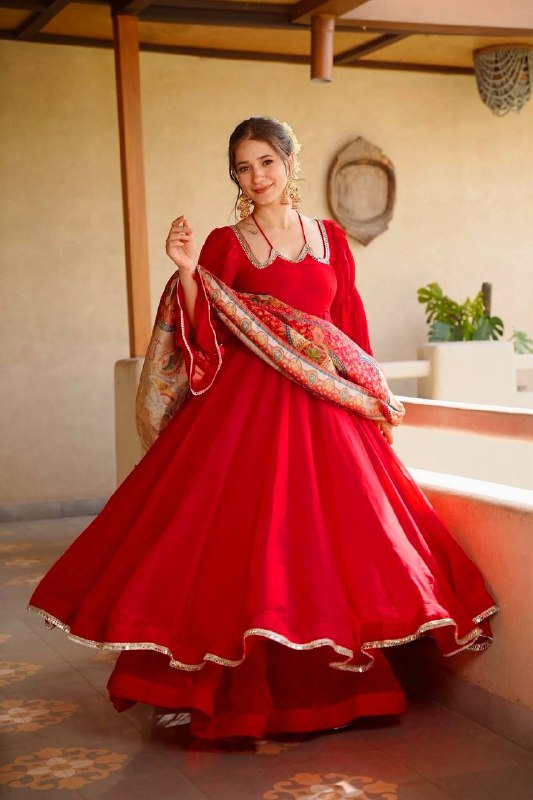 Scarlet Red Tabby Silk 3-Piece Anarkali Suit Set with Printed Dupatta