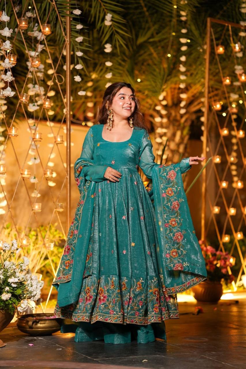 Luxury Embroidered Crunchy Silk Anarkali Gown Sharara Set with Dupatta