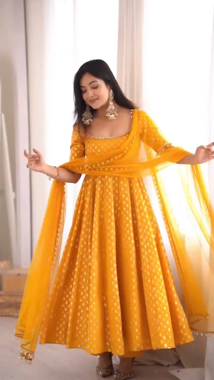 Festive Yellow Mirror Work Anarkali Suit Set for Women