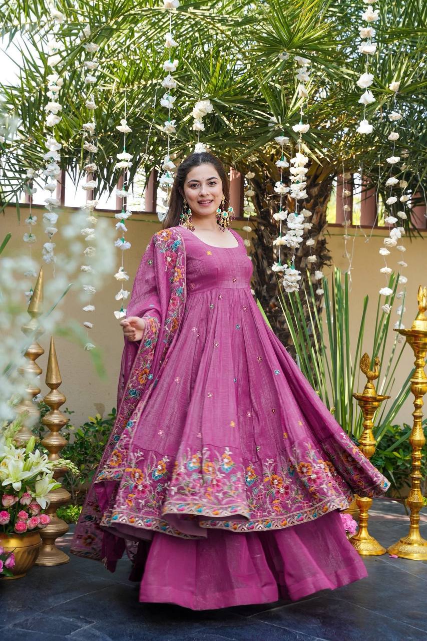 Luxury Embroidered Crunchy Silk Anarkali Gown Sharara Set with Dupatta
