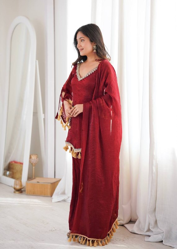 Wine Maroon Mirror Work Kurta Palazzo Suit Set for Women | Wedding, Festive & Party Wear
