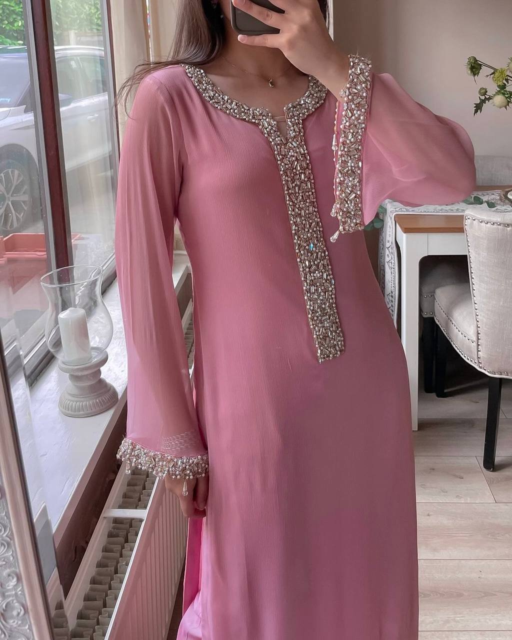 Designer Moti Handwork Georgette Pakistani Suit Set with Pant & Dupatta for Women
