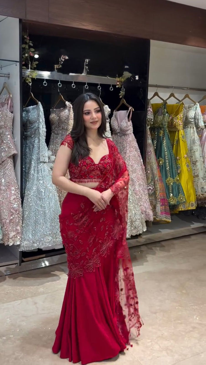 Wedding Wear Red Ready-to-Wear Mermaid Lehenga Saree with Blouse for Women