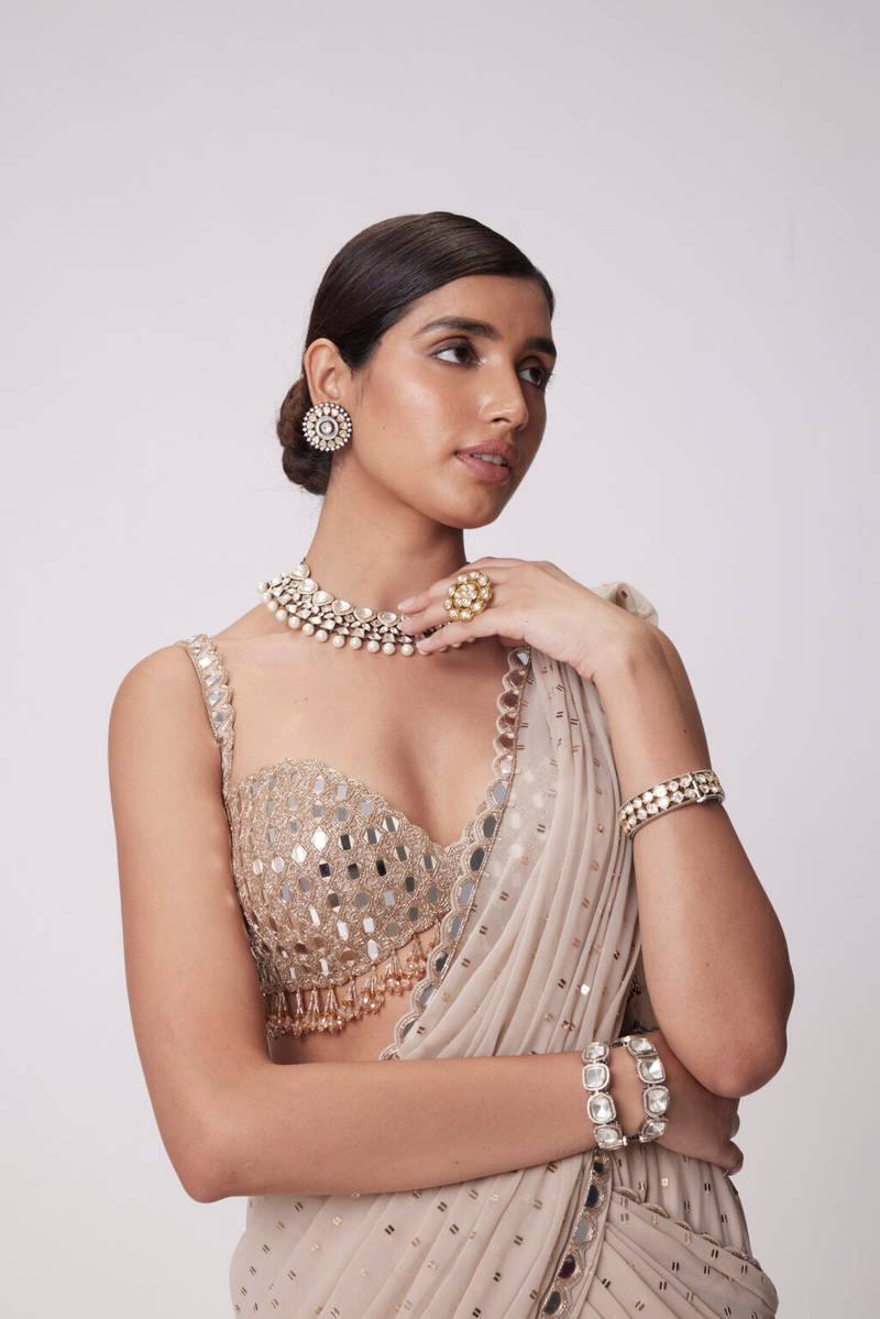 Champagne Beige Mirror Work Ready-to-Wear Lehenga Saree for Women