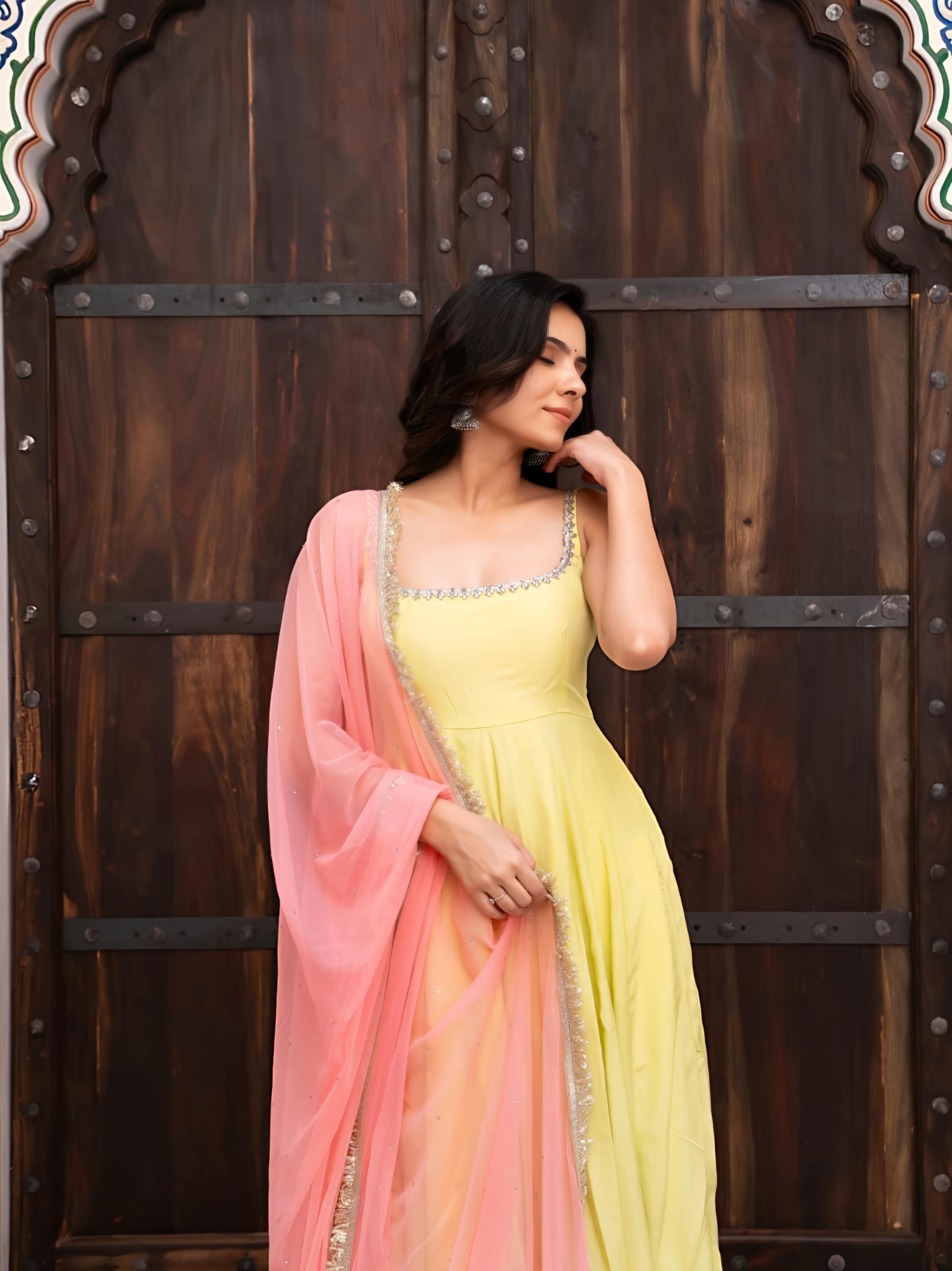Lemon Yellow Anarkali Gown Suit with Pink Dupatta Set