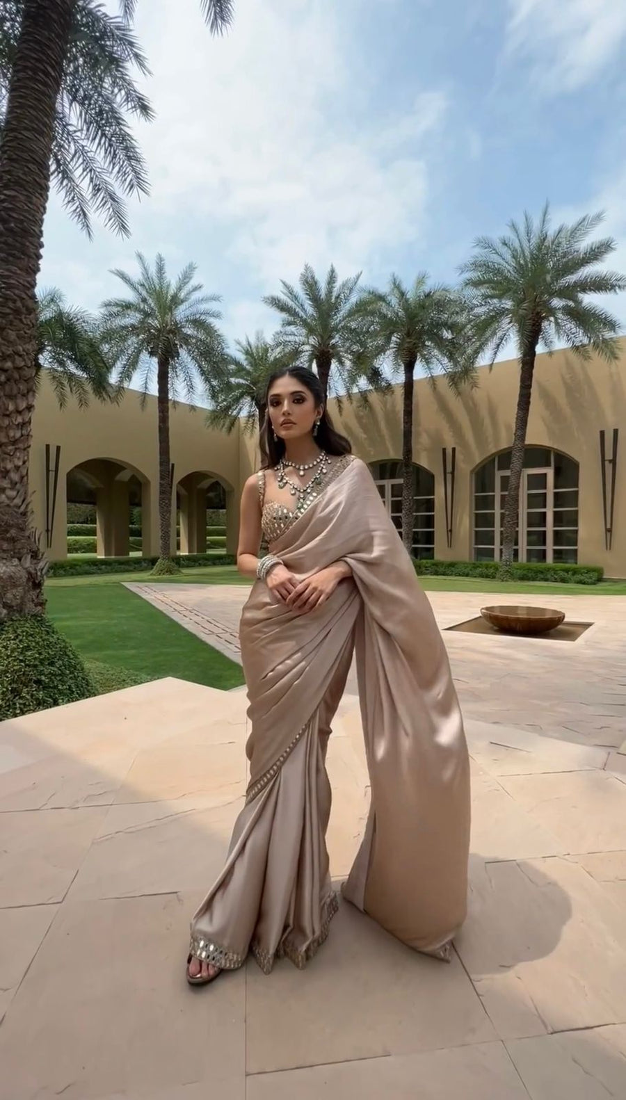 Champagne Beige Satin Silk Saree with Real Mirror Blouse for Women | satin silk saree for women