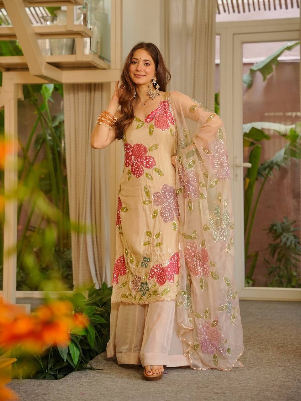 Champagne Beige Floral Sequin Organza Silk Palazzo Suit Set with Dupatta for Women