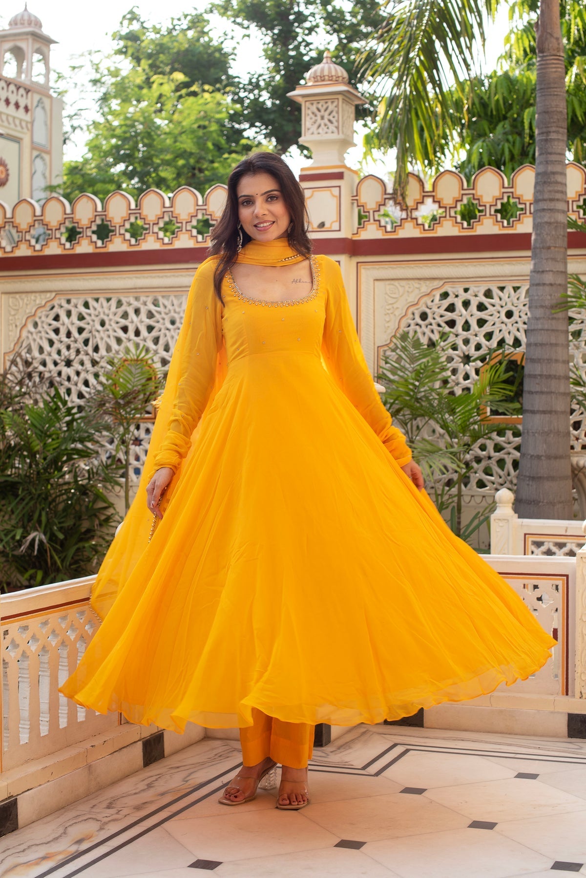 Festive Wear Marigold Yellow Georgette Anarkali Suit Set with Dupatta for Women